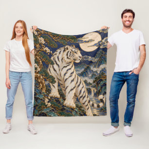 Weiße Tiger-Kunst – Vollmond-Kiefernbaum-Berglands Fleecedecke