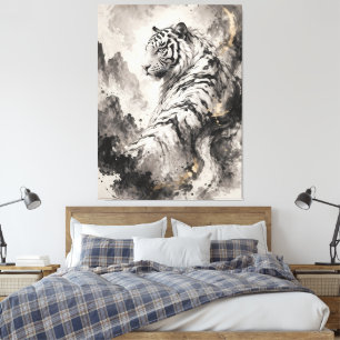 Weiße Tiger-Tusche-Kunst Wächtergeist-Bergszene Leinwanddruck