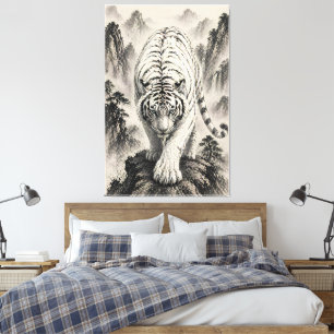 Weiße Tiger Tuschmalerei – Bergwächter Wand Leinwanddruck