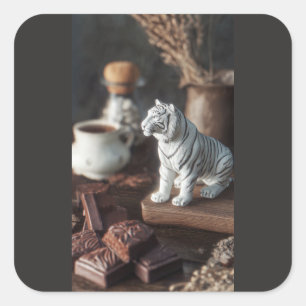 Weiße Tigerfigur - Rustikale Schokolade & Kaffee Quadratischer Aufkleber