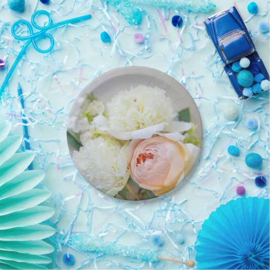 Weiße Torfbäume mit aprikotfarbener Rose Pappteller (Party)