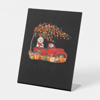 Weiße Toy Poodle Es ist Herbst Leute Kürbis Herbst Sockelschild