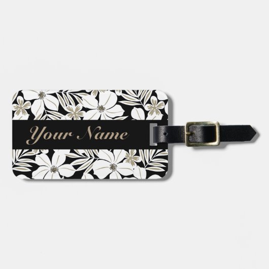 Weiße tropische Blume auf schwarz Gepäckanhänger (Vorderseite horizontal)