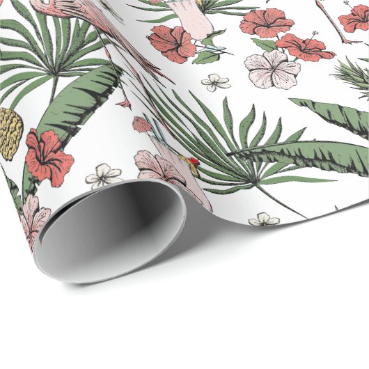 Weiße tropische Flamingo-Muster Geschenkpapier (Rolleneckpunkt)