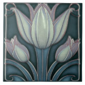 Weiße Tulips zum blauen symmetrischen Jugendstil Fliese (Vorderseite)