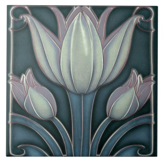 Weiße Tulips zum blauen symmetrischen Jugendstil Fliese (Vorderseite)
