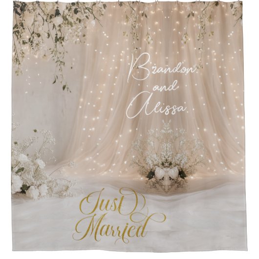 Weiße Tüll-Blumen-Hochzeitshintergrund Duschvorhang (Vorderseite)