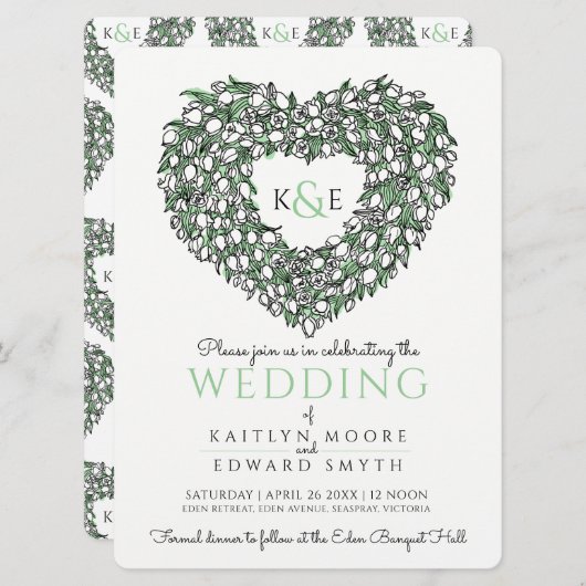 Weiße Tulpe, schwarze Tinte zeichnend Herz-Grün Ho Einladung (Vorne/Hinten)