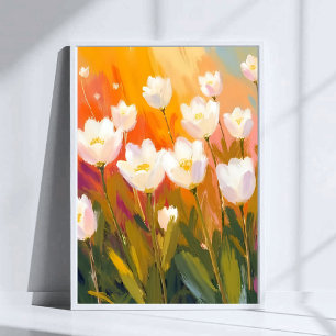 Weiße Tulpen Aquarell Blumenfeld Malerei Poster