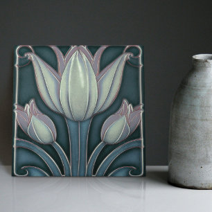 Weiße Tulpen auf blauer symmetrischer Art Nouveau Fliese