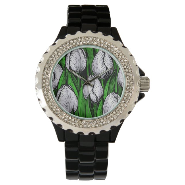 Weiße Tulpen mit grünen Blätter Armbanduhr (Vorderseite)