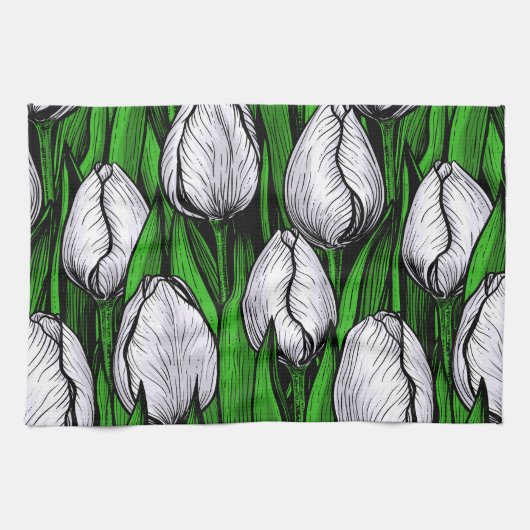 Weiße Tulpen mit grünen Blätter Geschirrtuch (Horizontal)