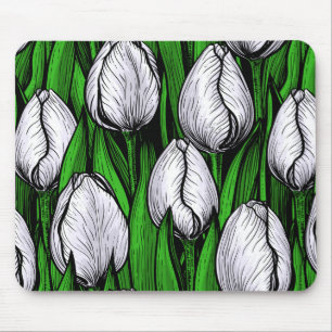 Weiße Tulpen mit grünen Blätter Mousepad