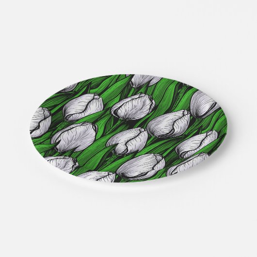 Weiße Tulpen mit grünen Blätter Pappteller (Schrägansicht)