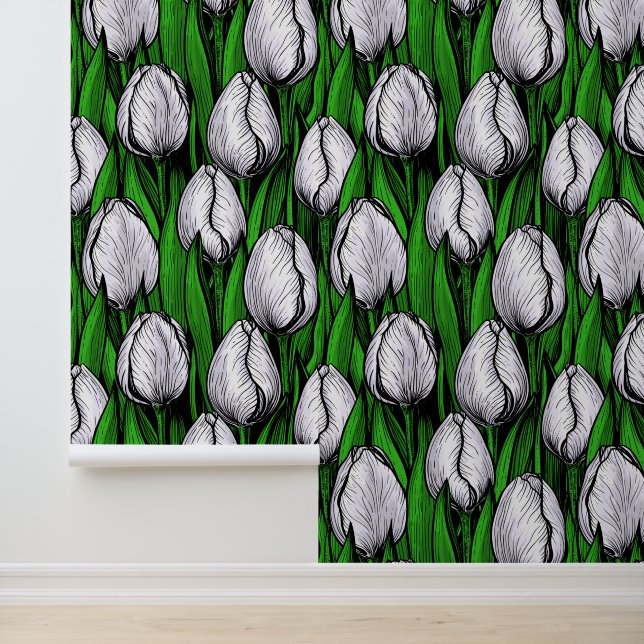 Weiße Tulpen mit grünen Blätter Tapete (Anwendung)