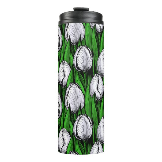 Weiße Tulpen mit grünen Blätter Thermosbecher (Vorderseite)