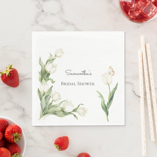 Weiße Tulpen Schmetterling Brautparty Serviette (Beispiel)