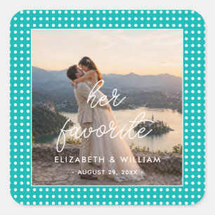 Weiße Tupfen auf Türkis – Personalisierte Hochzeit Quadratischer Aufkleber