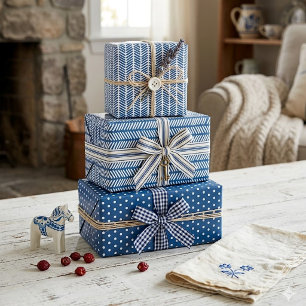 Weiße Tupfen Chevron Streifen auf Französisch Blau Geschenkpapier Set