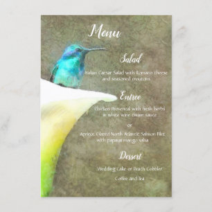 Weiße Türkis-Kolibri-Lilien-BlumenAquarell Menükarte