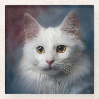 Weiße Türkische Angora-Katze Rot Blau Glasuntersetzer