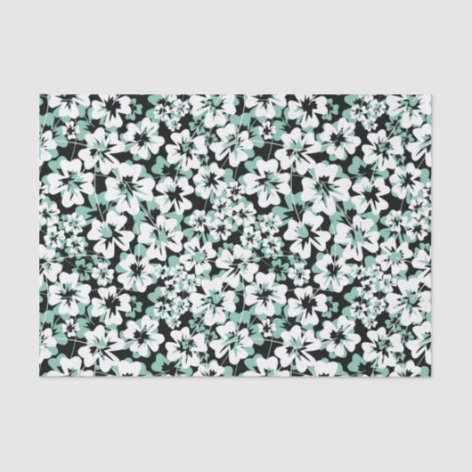 Weiße, türkisfarbene Blume auf schwarz. Seidenpapier (Vorderseite)