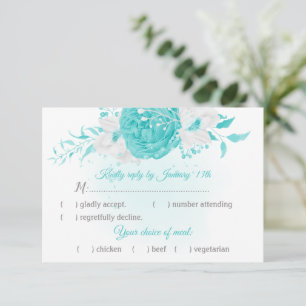 Weiße türkisfarbene Blume botanisch mit Speisekart RSVP Karte