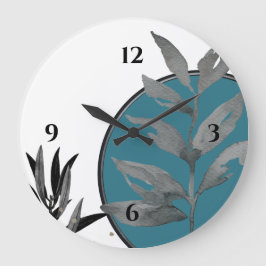 Weiße türkisfarbene und graue Blätter Große Wanduhr