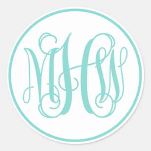 Weiße Turq Aqua Rebe Schrift Monogramm, DIY BG Runder Aufkleber