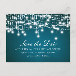 Weiße Twinkle-Stringleuchten auf Aquamarin Postkarte