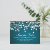 Weiße Twinkle-Stringleuchten auf Aquamarin Postkarte (Stehend Vorderseite)