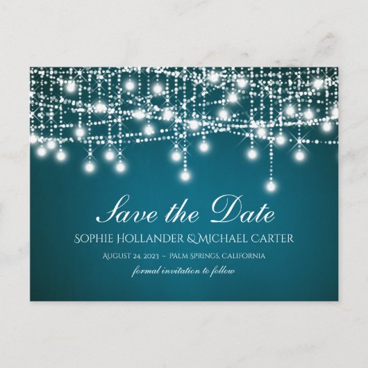 Weiße Twinkle-Stringleuchten auf Aquamarin Postkarte (Vorderseite)