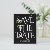 Weiße Typografie, Rose schwarze Hochzeit Speichern Postkarte (Stehend Vorderseite)