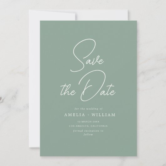 Weiße Typografie-Schrift Salbei-Hochzeit Save The Date (Vorderseite)