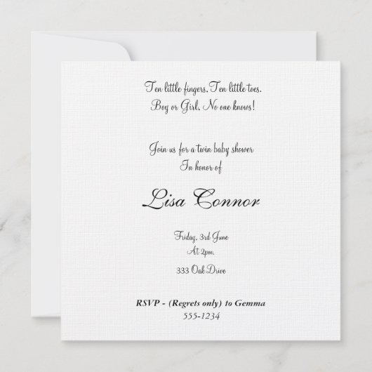 Weiße u. grüne Leinendamast-Babyparty laden ein Einladung (Rückseite)