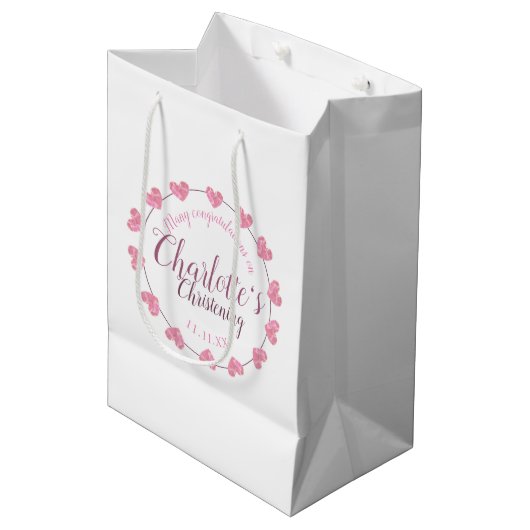 Weiße u. rosa Blumenbabymädchen-Taufgeschenktasche Mittlere Geschenktüte (Vorderseite Schrägansicht)