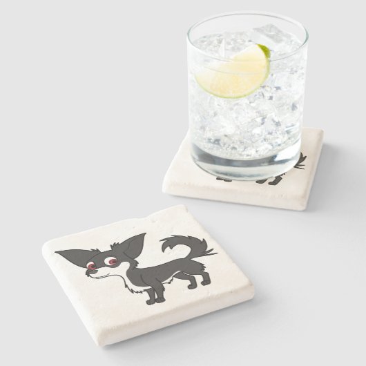 Weiße u. schwarze Chihuahua mit dem langen Haar Steinuntersetzer (Seitenansicht)