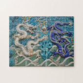 Weiße und blaue asiatische Art-Drachen Puzzle (Horizontal)