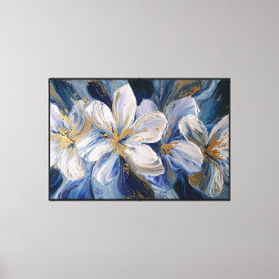 Weiße und blaue Blumen mit goldenen Akzenten   Leinwanddruck