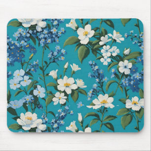 Weiße und blaue Blumen mit Türkis Hintergrund Blum Mousepad