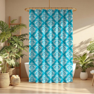 Weiße und blaue florale Damastmuster Duschvorhang