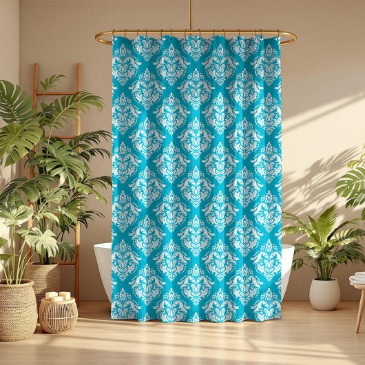 Weiße und blaue florale Damastmuster Duschvorhang