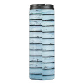 Weiße und blaue Holzoberfläche Thermosbecher (Rückseite)