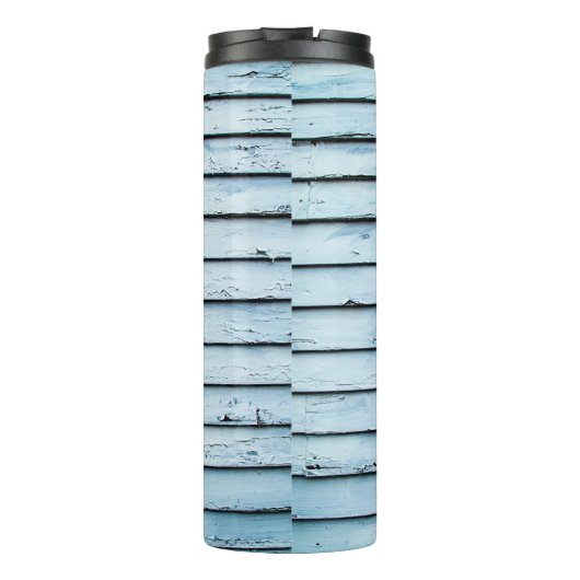 Weiße und blaue Holzoberfläche Thermosbecher (Rückseite)