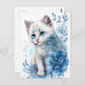 Weiße und blaue Kätzchen mit Blume Postkarte (Vorne/Hinten)