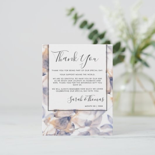 WEISSE UND BLAUE PATELES FLORAL ELEGANT DANKE EINLADUNG (Stehend Vorderseite)