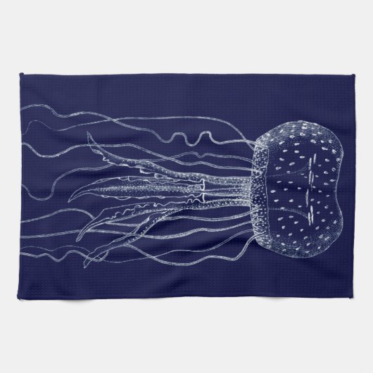 Weiße und blaue Quallen Geschirrtuch (Horizontal)