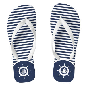 Weiße und blaue Streifen & nautisches Bootsrad Badesandalen