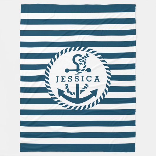 Weiße und blaue Streifen und Anker für Wasserfahrz Fleecedecke (Vorderseite)