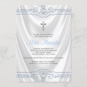 Weiße und blaue Taufe Taufkleid Weißer Satin Einladung